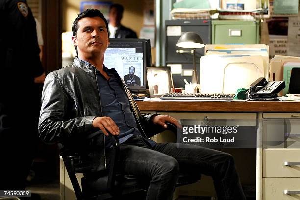 Actor Adam Beach who plays Detective Chester Lake sits on the set of "Law & Order: Special Victims Unit" June 13, 2007 in North Bergen, New Jersey.