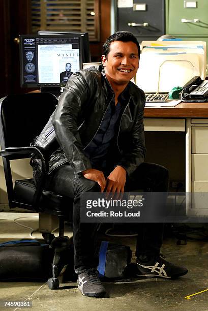 Actor Adam Beach who plays Detective Chester Lake sits on the set of "Law & Order: Special Victims Unit" June 13, 2007 in North Bergen, New Jersey.