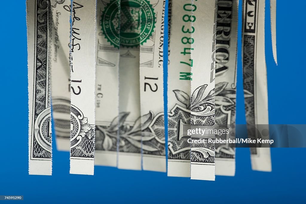 Shredded one dollar bill American currency