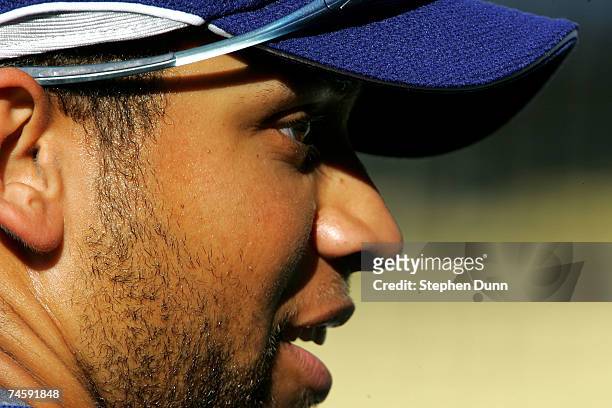 James Loney of the Los Angeles Dodgers waits his turn to take batting practice before the game with the New York Mets at Dodger Stadium June 13, 2007...