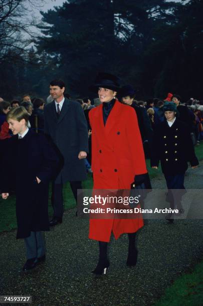 Princess Diana and her son Prince William on their way to a Christmas Day service at Sandringham Church, 25th December 1993.