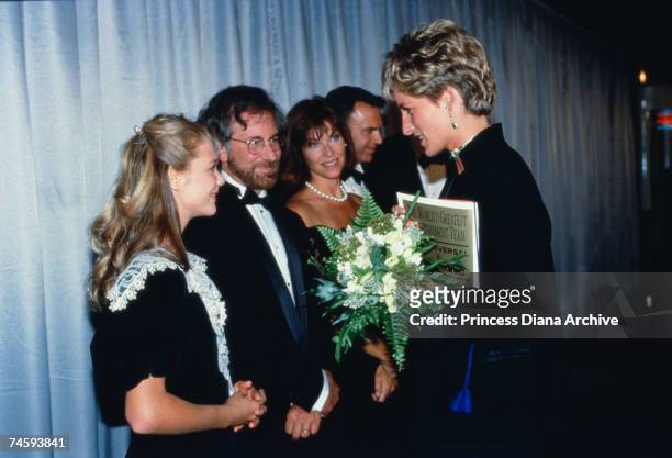 Princess Diana with American film director Steven Spielberg and his wife Kate Capshaw at the London premiere of Spielberg's film 'Jurassic Park',...