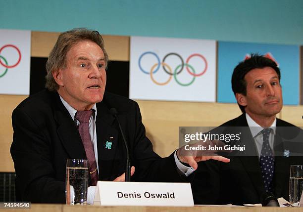 Denis Oswald of the International Olympic Committee addresses the media during the press conference by IOC Coordination Commission's visit to London...