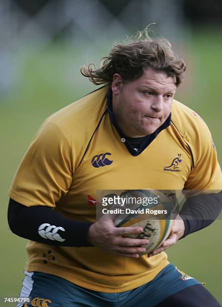 Matt Dunning, the Wallaby prop, holds onto the ball during the Australian rugby union training session held at Westerford School on June 14, 2007 in...