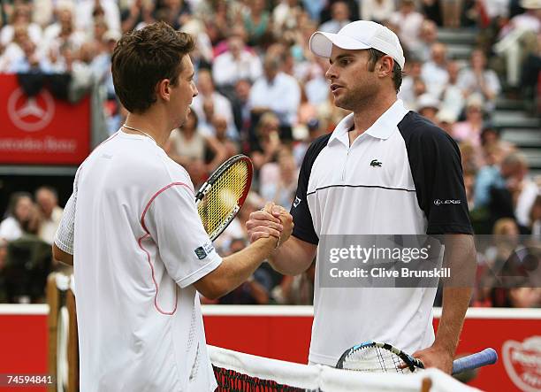 Andy Roddick of USA shakes hands with Alex Bogdanovic of Great Britain following their third round singles match against during Day 4 of the Artois...