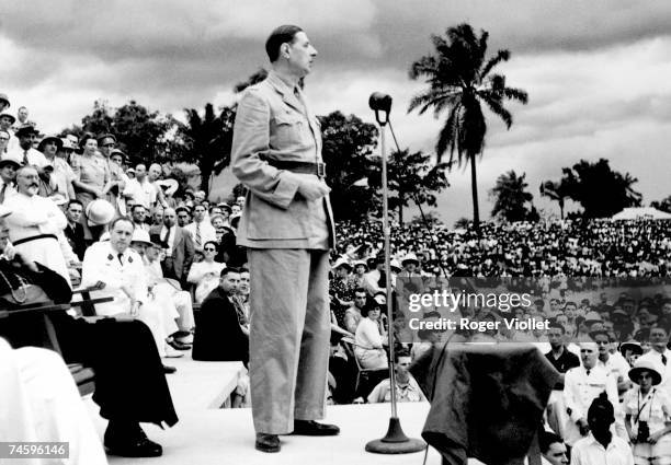 General Charles De Gaulle addressing the crowd at a conference at the the stade Felix-Ebou in Brazzaville, Congo-Brazzaville, January 1944.