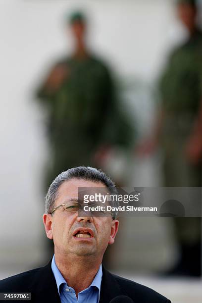 Palestinian Information Minister Mustafa Barghouti speaks to the media after a meeting with Palestinian President Mahmoud Abbas in Abbas's Muqata...