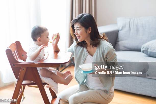 young mother feeding baby - asian baby eating fotografías e imágenes de stock