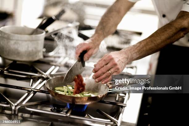 a chef adding chopped tomatoes to a pan of courgette - arm made of vegetables stock pictures, royalty-free photos & images