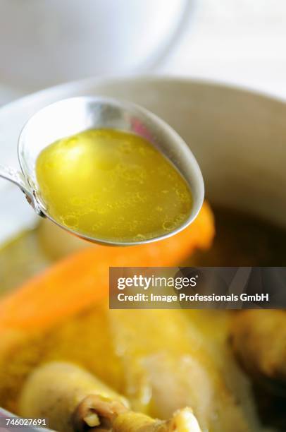 a ladle of chicken broth above a pot of soup - caldo de carne imagens e fotografias de stock