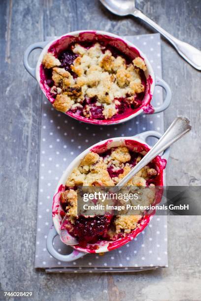 apple and blackberry crumble bake - apple crumble stock pictures, royalty-free photos & images