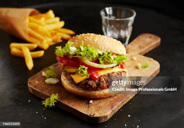 a cheeseburger and chips - burger and chips fotografías e imágenes de stock