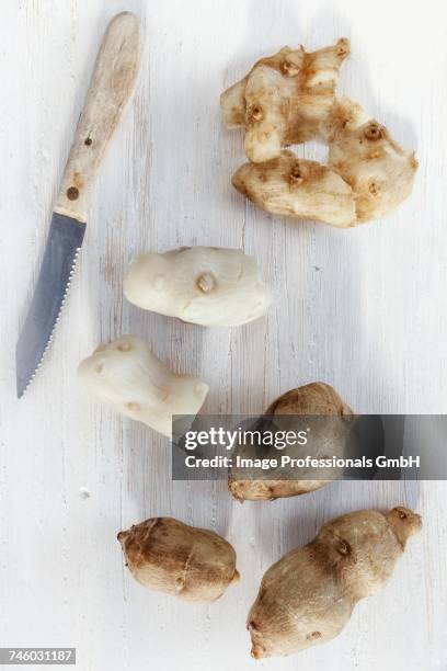 jerusalem artichokes, peeled and unpeeled - jerusalem artichoke stock pictures, royalty-free photos & images