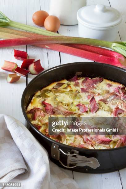 rhubarb cake with sour cream topping in a baking tin - rhubarb cheesecake stock pictures, royalty-free photos & images