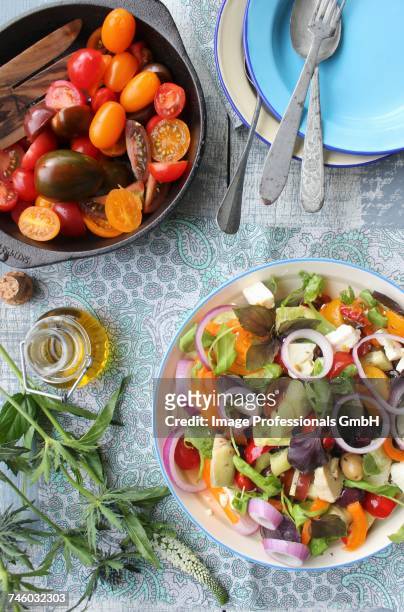 greek salad with sheeps cheese - fetta stockfoto's en -beelden