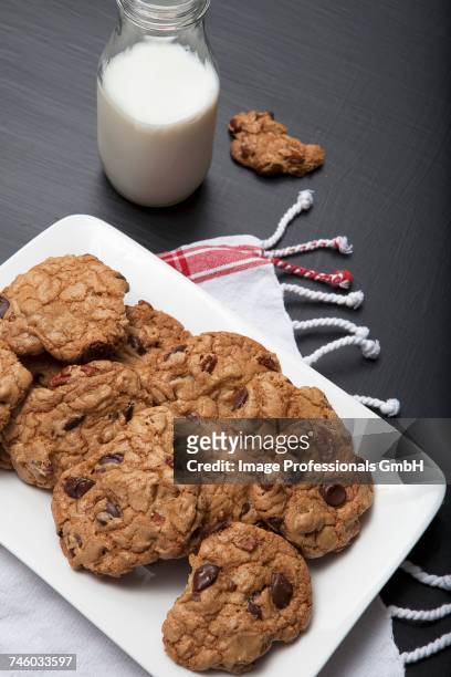 chocolate chip pecan nut cookies and milk - chocolate milk bottle stock pictures, royalty-free photos & images