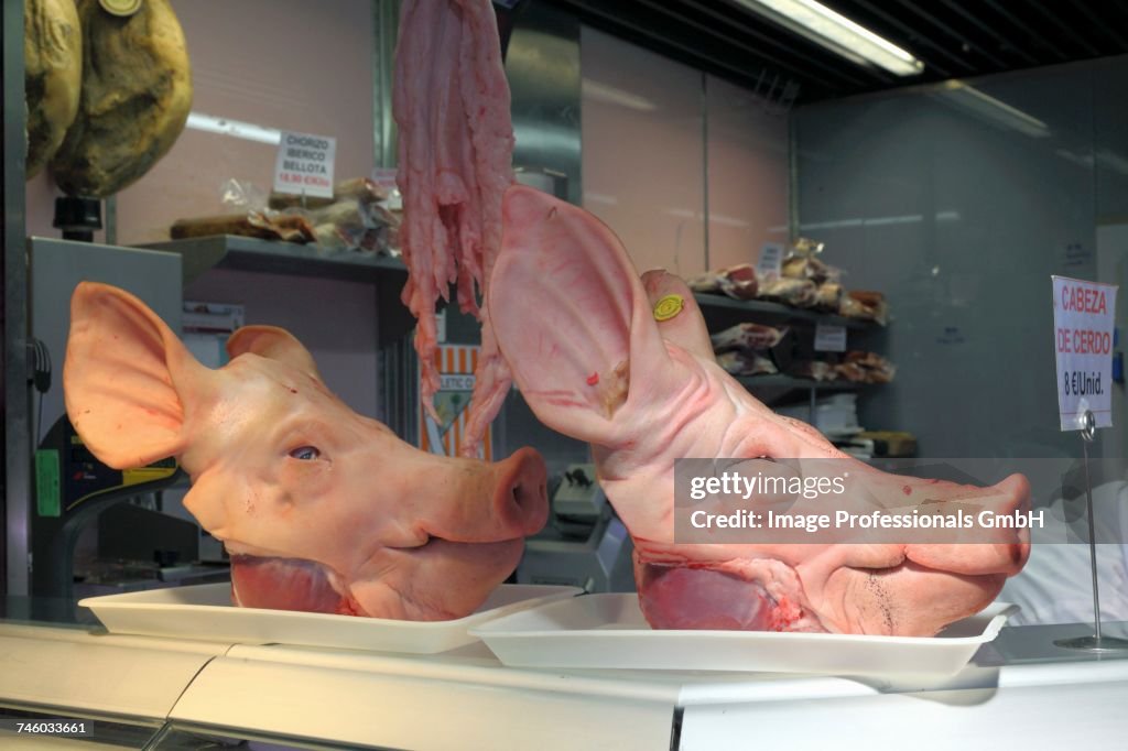 Pigs heads at a market in Bilbao, Basque Country, Spain