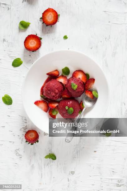 strawberry sorbet with fresh mint on a white plate (seen from above) - raspberry sorbet stock pictures, royalty-free photos & images