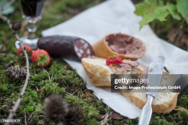 baguette with liver sausage and red sausage - leberwurst stock pictures, royalty-free photos & images