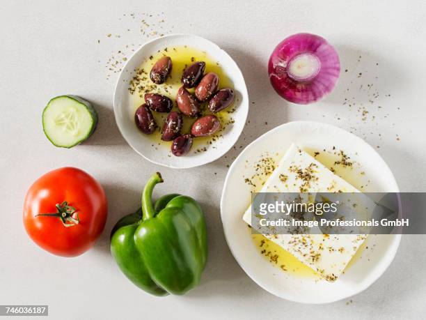 ingredients for a greek country salad (horiatiki, greece) - olive pimento stock pictures, royalty-free photos & images