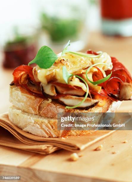 rocamadour cheese and mushroom open sandwich - cantharellus tubaeformis stock pictures, royalty-free photos & images