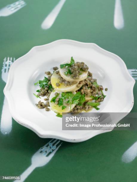 green lentil and turnip salad with parsley - confit stock pictures, royalty-free photos & images