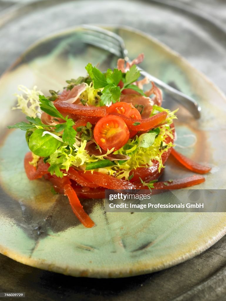 Quince paste and cherry tomato salad