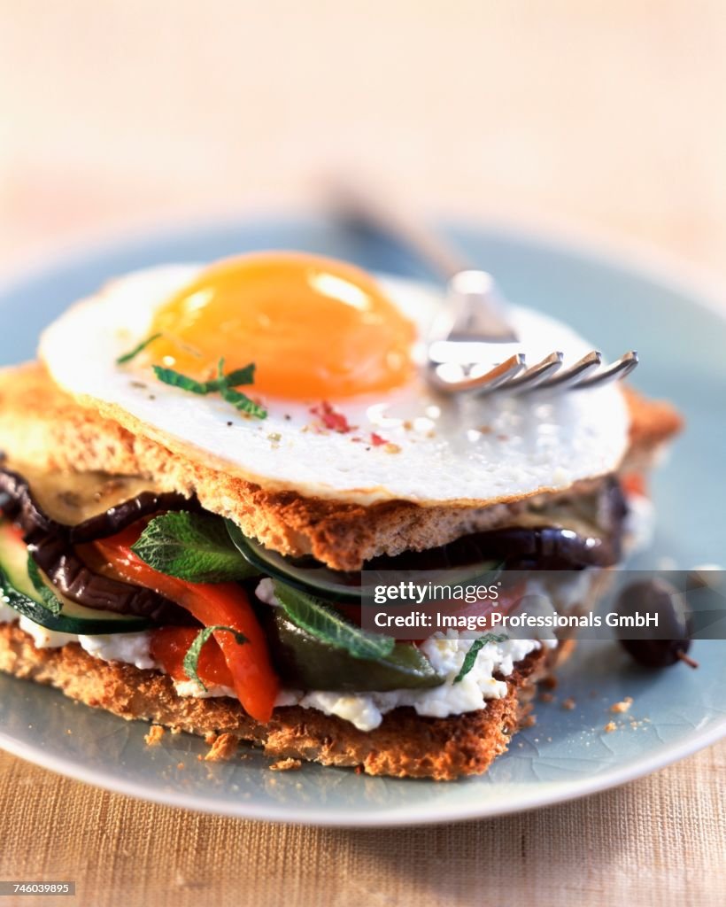 Toasted sandwich with fried egg, vegetables and goats cheese