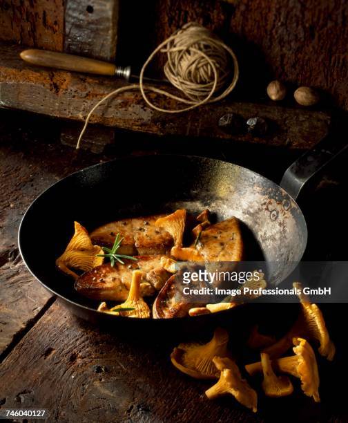 pan-fried foie gras with chanterelle mushrooms - cantharellus tubaeformis stock pictures, royalty-free photos & images