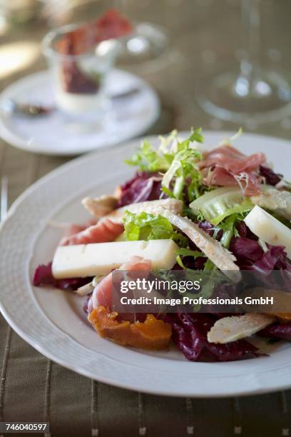 slice chicken breast,cheese,raw ham and poutargue mixed salad - curly endive stock pictures, royalty-free photos & images