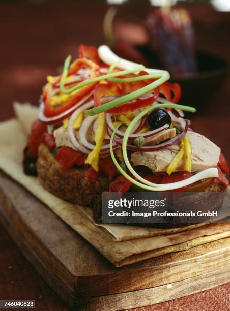 tuna and pepper open sandwich - olive pimento stock pictures, royalty-free photos & images