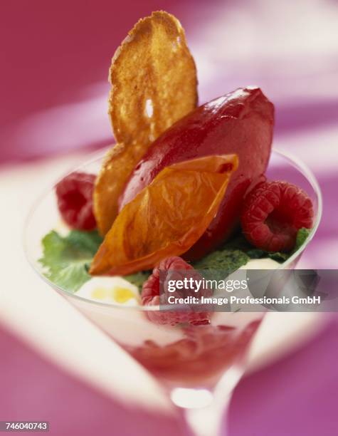 raspberry, sorbet and mint dessert - raspberry sorbet stock pictures, royalty-free photos & images