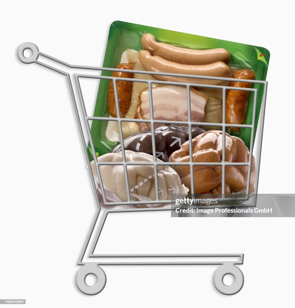 Mini supermarket trolley full of vacuum-packet food