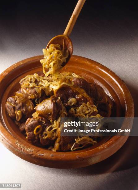 adding the onions to the meat - tajine fotografías e imágenes de stock