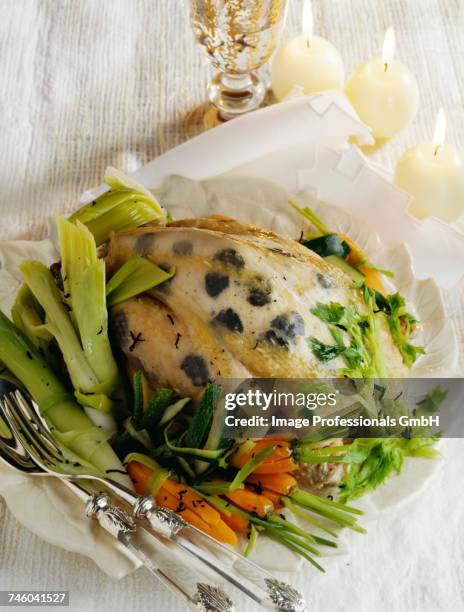 poulard hen demi-deuil with truffles - deuil stock pictures, royalty-free photos & images