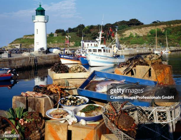 fish and seafood market stall in belle ile brittany - made in britanny stock pictures, royalty-free photos & images