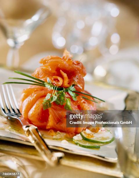 pancake parcel on scallop carpaccio - smoked salmon stock pictures, royalty-free photos & images