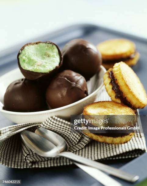 pistachio ice cream and chocolate balls, coconut and chocolate sandwich bites - jause bildbanksfoton och bilder