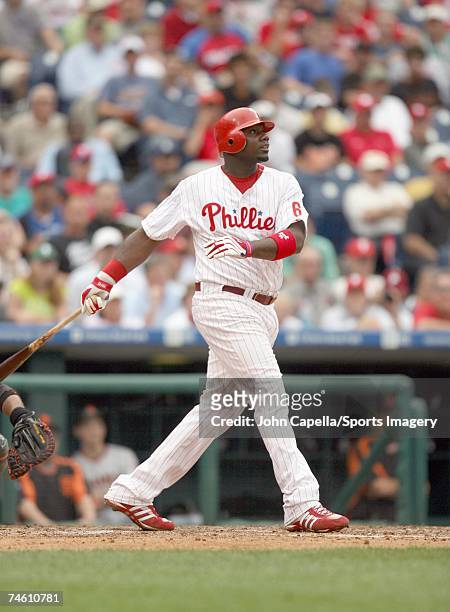 Ryan Howard of the Philadelphia Phillies batting during the MLB game against the San Francisco Giants at Citizens Bank Park on June 4, 2006 in...