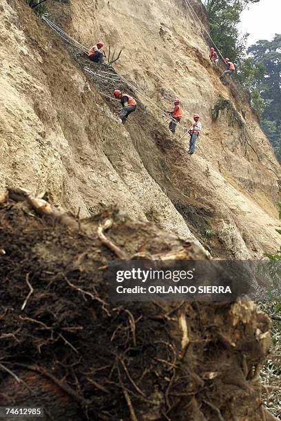 Empleados de Caminos trabajan en la ladera de un cerro en la periferia oeste de Ciudad de Guatemala, el 14 de junio de 2007. El presidente Oscar...