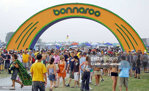 Fans arrive for the first day of the Bonnaroo Music and Arts Festival on June 14, 2007 in Manchester, Tennessee. The three-day music festival...