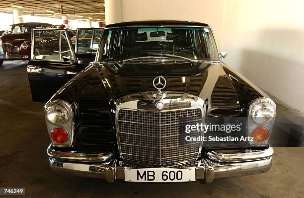 Mercedes Pullman 6-door limousine once owned by Hugh Hefner is shown at the Banett-Jackson auction June 14, 2002 in Los Angeles, California.