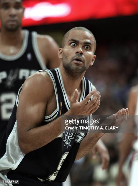 Cleveland, UNITED STATES: Tony Parker of the San Antonio Spurs and MVP reacts to a call on his way to leading the San Antonio Spurs to their fourth...