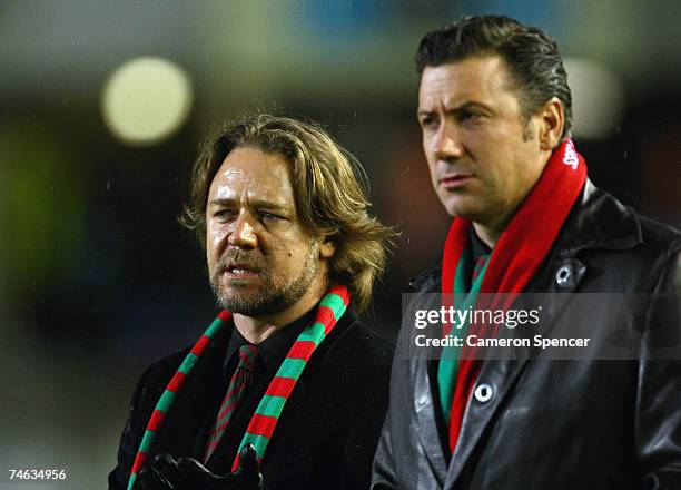 Rabbitohs co-owners Russell Crowe and Peter Holmes a Court look on as their team leaves the field after losing the round 14 NRL match between the...
