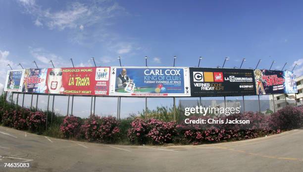 Billboards advertising club nights at Playa D'En Bossa on June 7, 2007 in Spain Ibiza. Ibiza remains one of the world's top holiday destinations for...