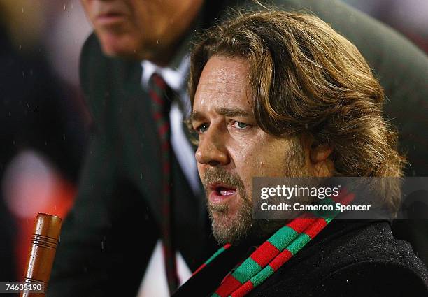 Rabbitohs co-owner Russell Crowe looks on during the round 14 NRL match between the Manly Warringah Sea Eagles and the South Sydney Rabbitohs at...
