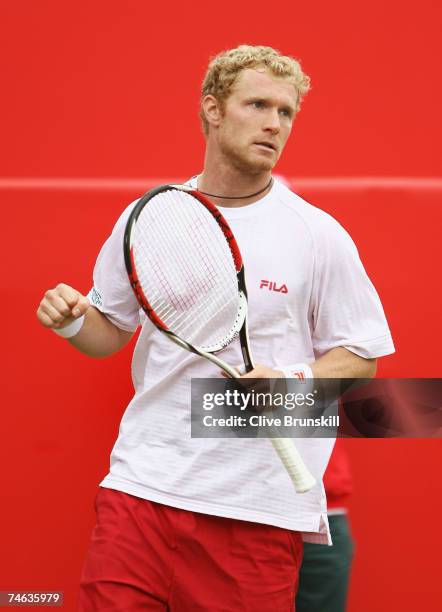 Dmitry Tursonov of Russia celebrates during the singles quarter final match against Fernando Gonzalez of Chile during Day 5 of the Artois...