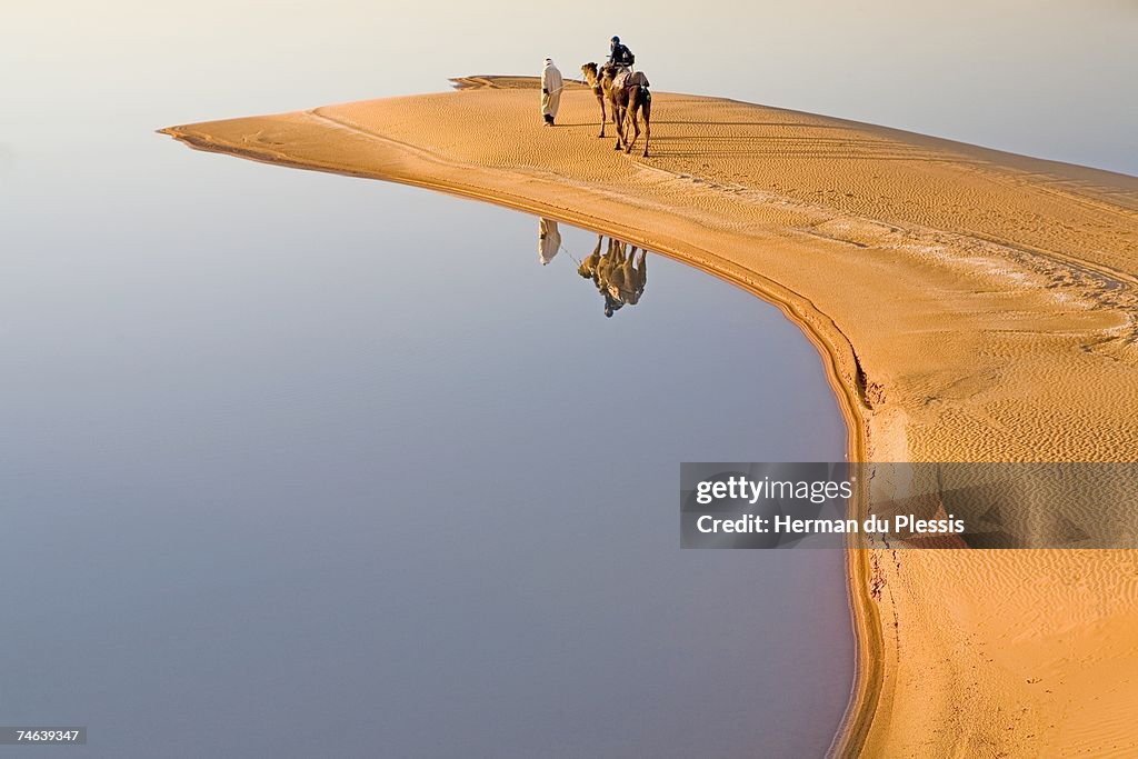 Reflection of Berber Man with Tourist on a Dromedary Camel (Camelus dromedarius)