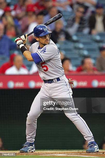 Nomar Garciaparra of the Los Angeles Dodgers stands at bat during their MLB interleague game against the Los Angeles Angels of Anaheim on May 18,...