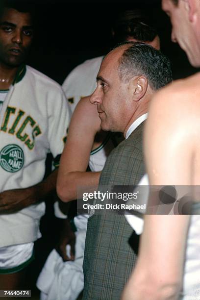 Boston Celtics head coach Red Auerbach instructs his team during a 1964 game at the Boston Garden in Boston, Massachusetts. NOTE TO USER: User...